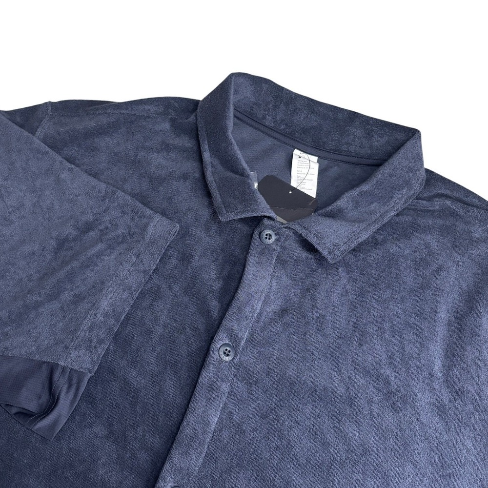 Fabletics The Island Terry Button Up Mens XXL Classic Navy Blue Short Sleeve NWT
